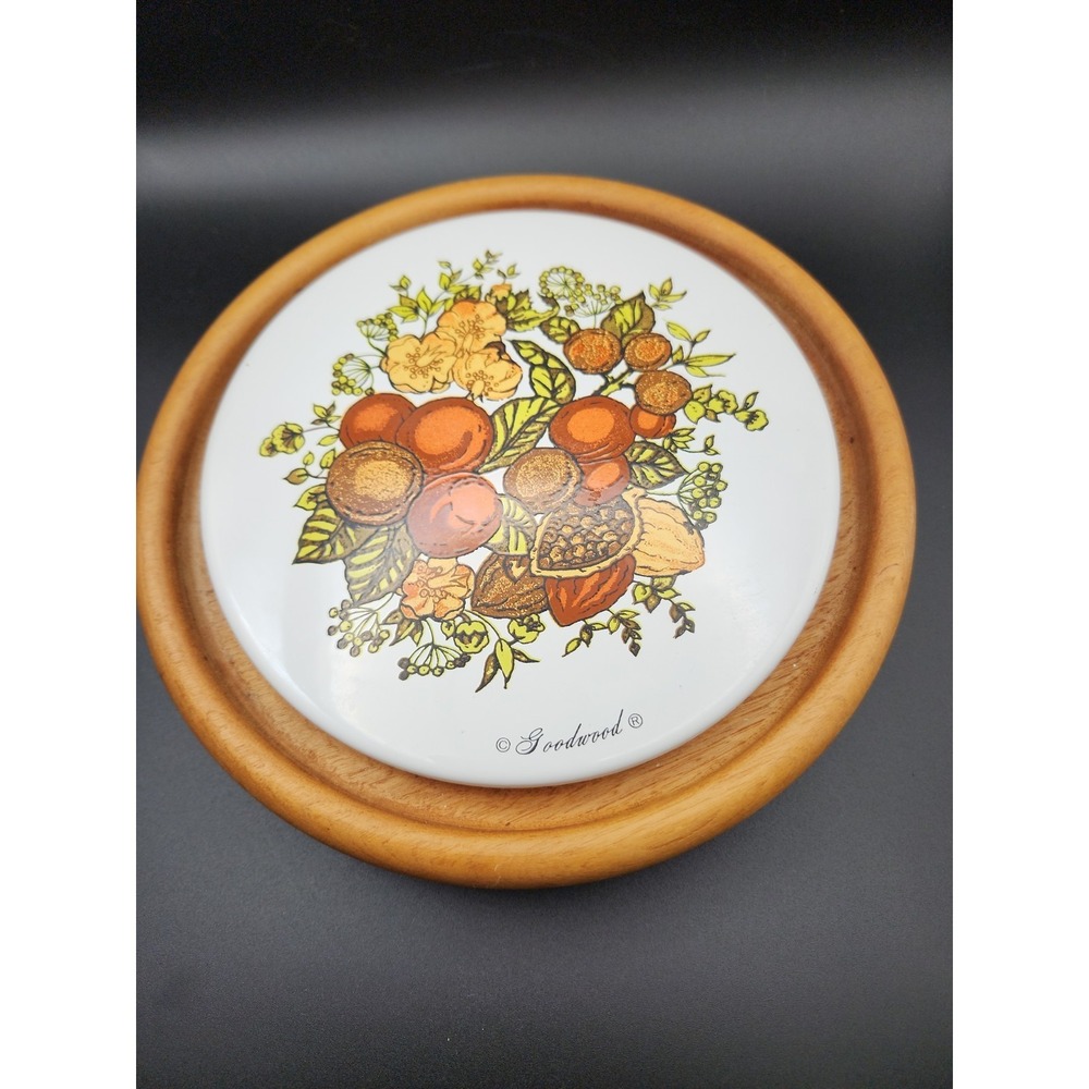 Vintage Goodwood cheese serving board teak wood base Metal tile "Spice of Life"